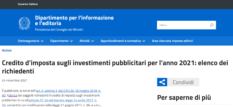 Elenco richiedenti credito di imposta investimenti pubblicitari 2021 