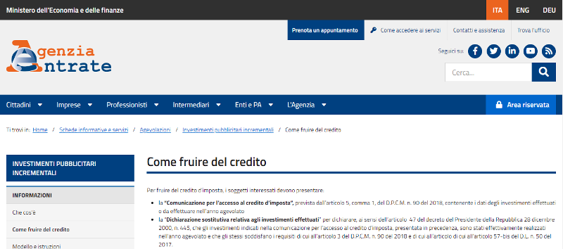 Credito di imposta per gli investimenti pubblicitari anno 2021