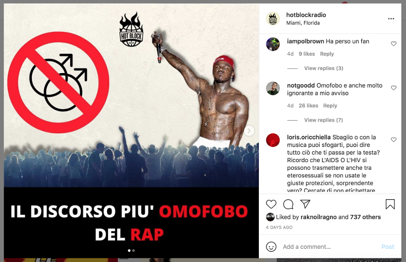 Post di Hot Block Radio scatena raffica di commenti omofobi